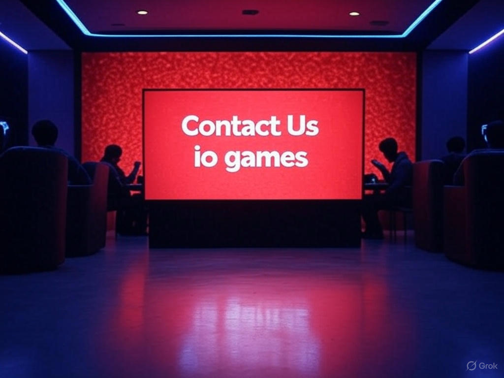 A futuristic gaming lounge with a red textured background and a large screen displaying "Contact Us" and "io games" in white text, illuminated by neon blue and purple lights, with blurred silhouettes of gamers in the background.