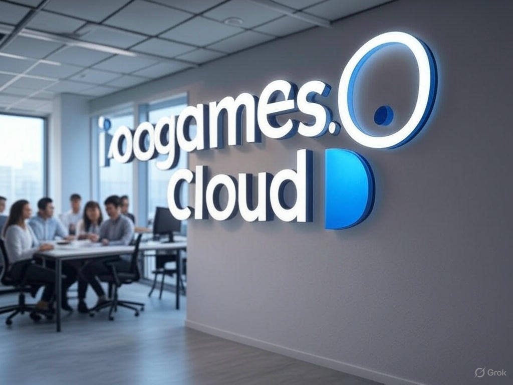 A scenic lakeside landscape at sunset with a large rock in the foreground displaying the 'iogames.cloud' logo in white text, set against a vibrant red background.
