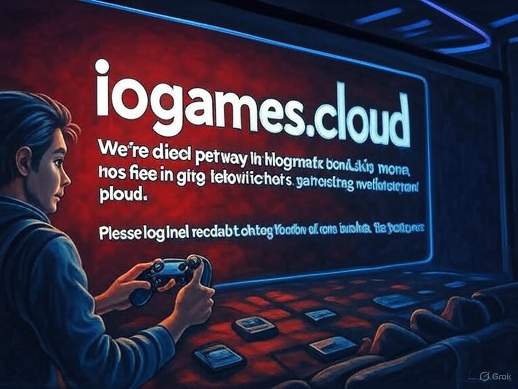 A male gamer holding a game controller in a futuristic gaming lounge with neon lights, facing a large red screen displaying "iogames.cloud" in white text. The background has a textured red pattern, emphasizing the gaming atmosphere.